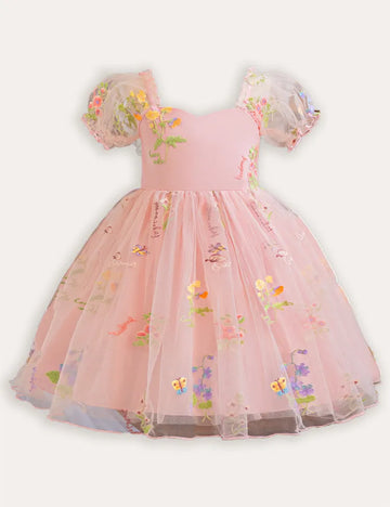 Bubble Sleeve Flower Embroidery Tulle Party Dress